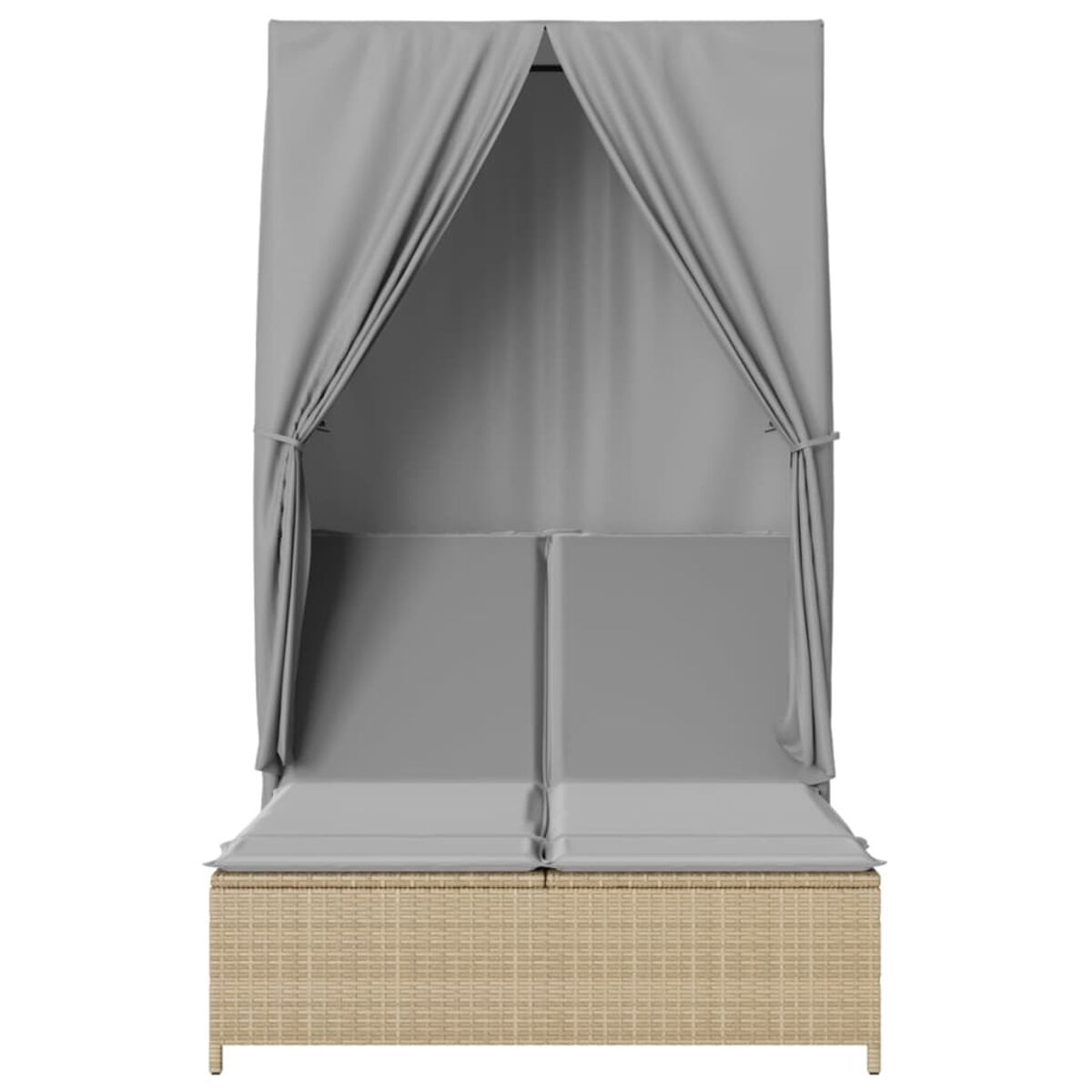 Un lettino grigio a baldacchino con tende grigie, su base in vimini beige.