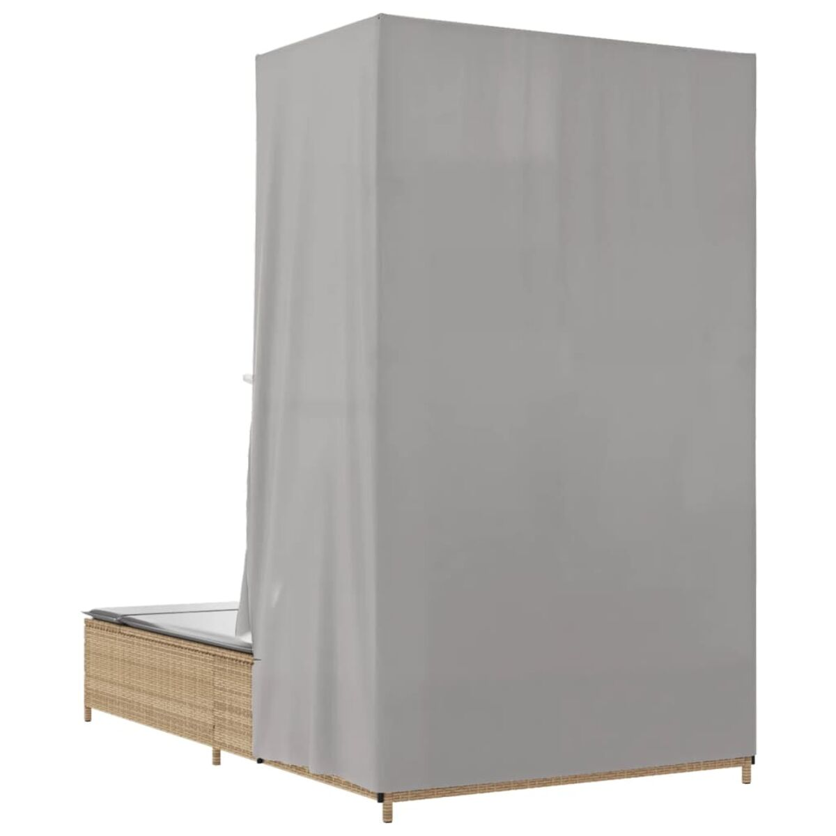 Un lettino da patio con base in vimini marrone chiaro e un'ombreggiatura in tessuto grigio, che offre ombra e privacy.