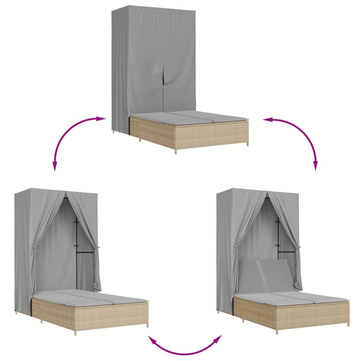 Una serie di immagini che mostrano un lettino da esterno beige con un baldacchino grigio in diverse configurazioni.