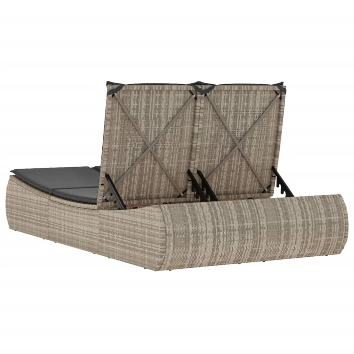 Una chaise longue in vimini con schienali regolabili. Gli schienali sono sollevati, mostrando le travi di supporto.