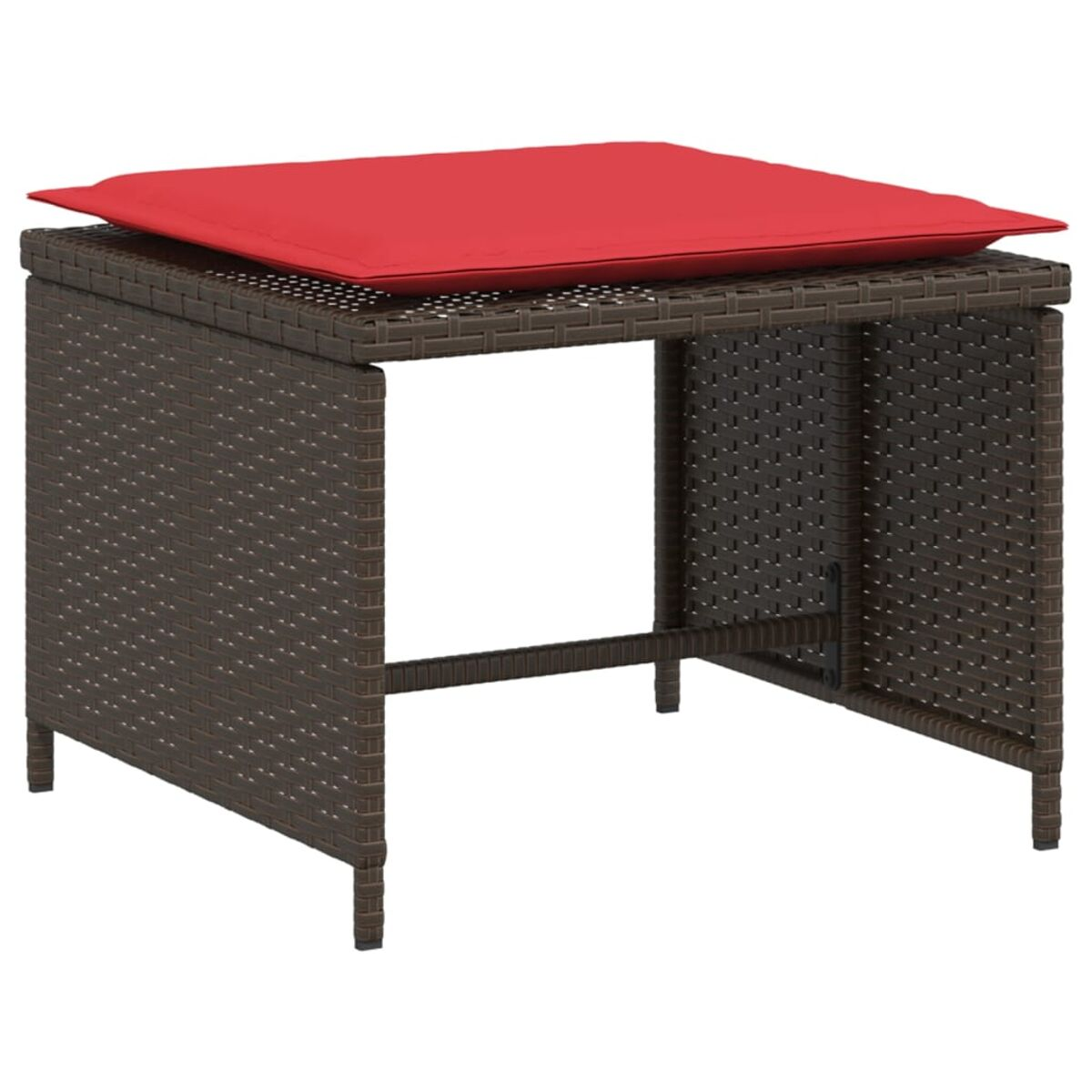 Brauner, gewebter Tisch mit rotem Kissen. Der Tisch ist quadratisch und hat ein rotes Kissen.