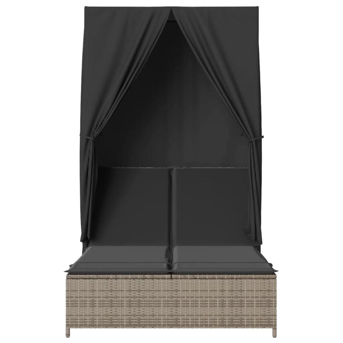 Lettino con baldacchino. Il letto è realizzato in materiale tessuto.