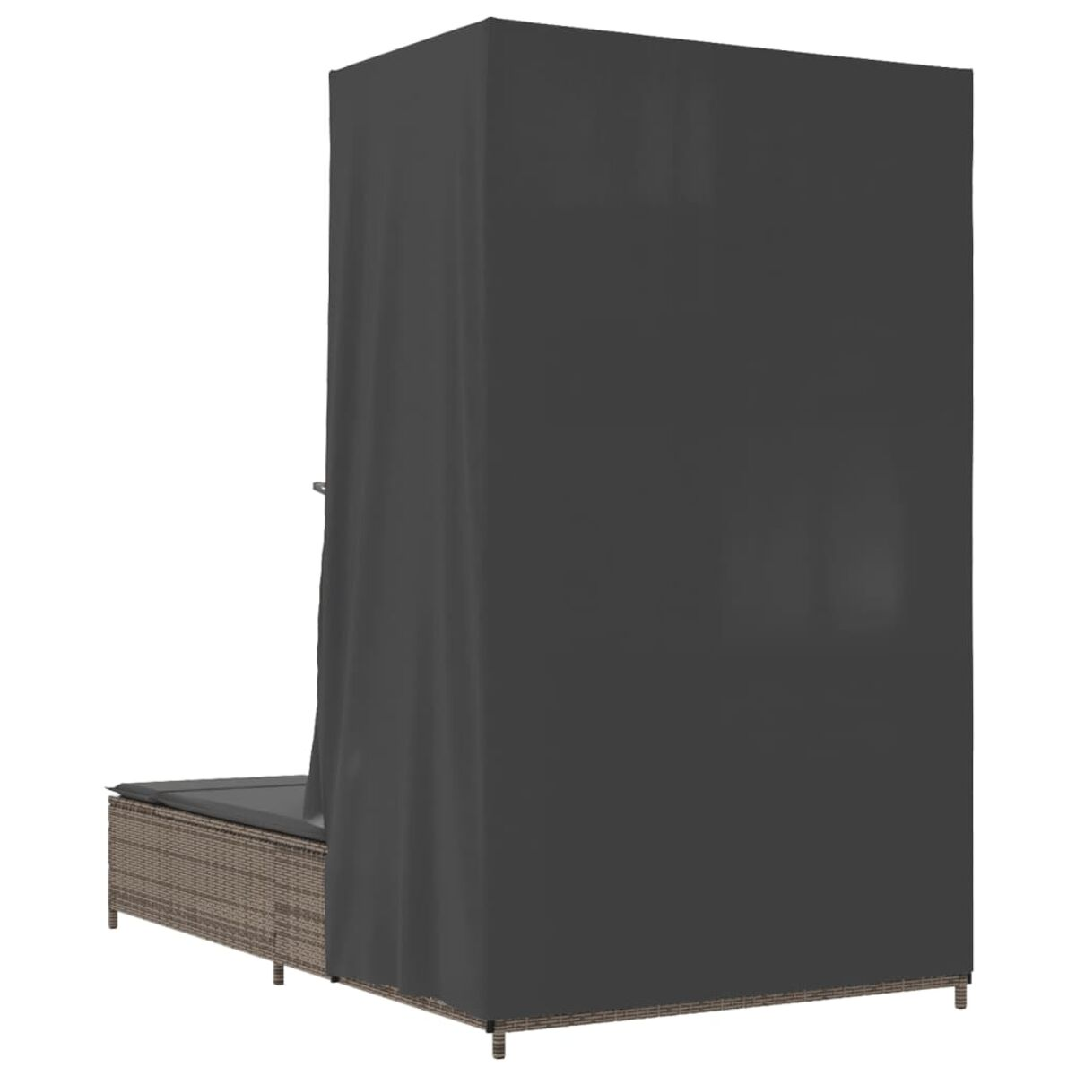 Una doccia esterna grigio scuro con base sedia in vimini marrone, coperta da una tenda grigio scuro.
