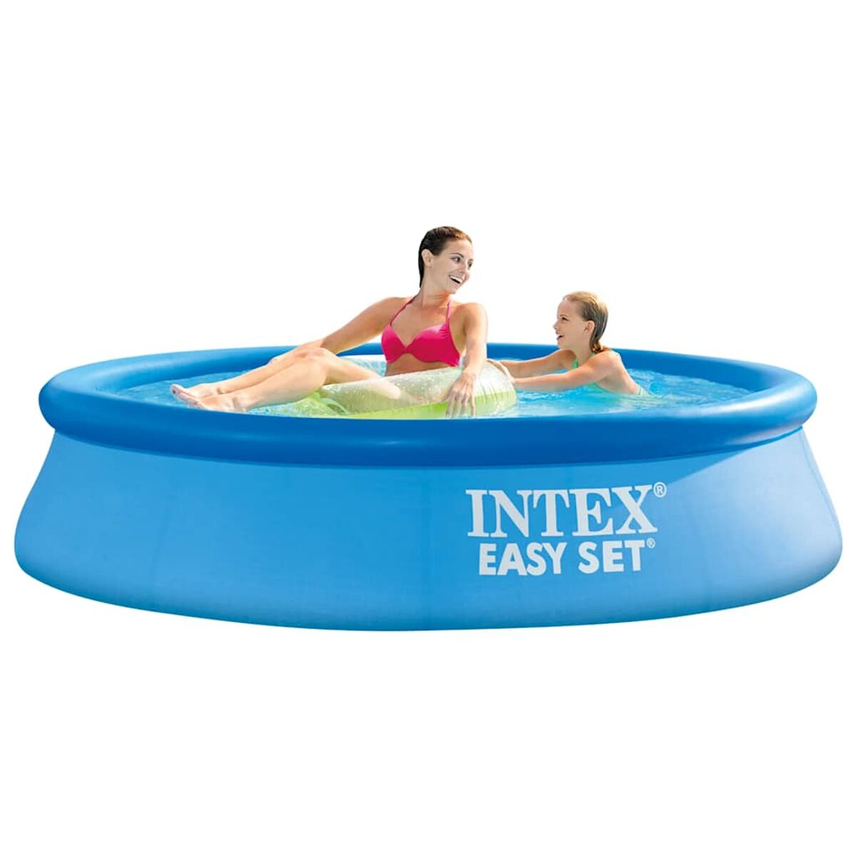 Zwei Frauen in einem blauen aufblasbaren Pool.