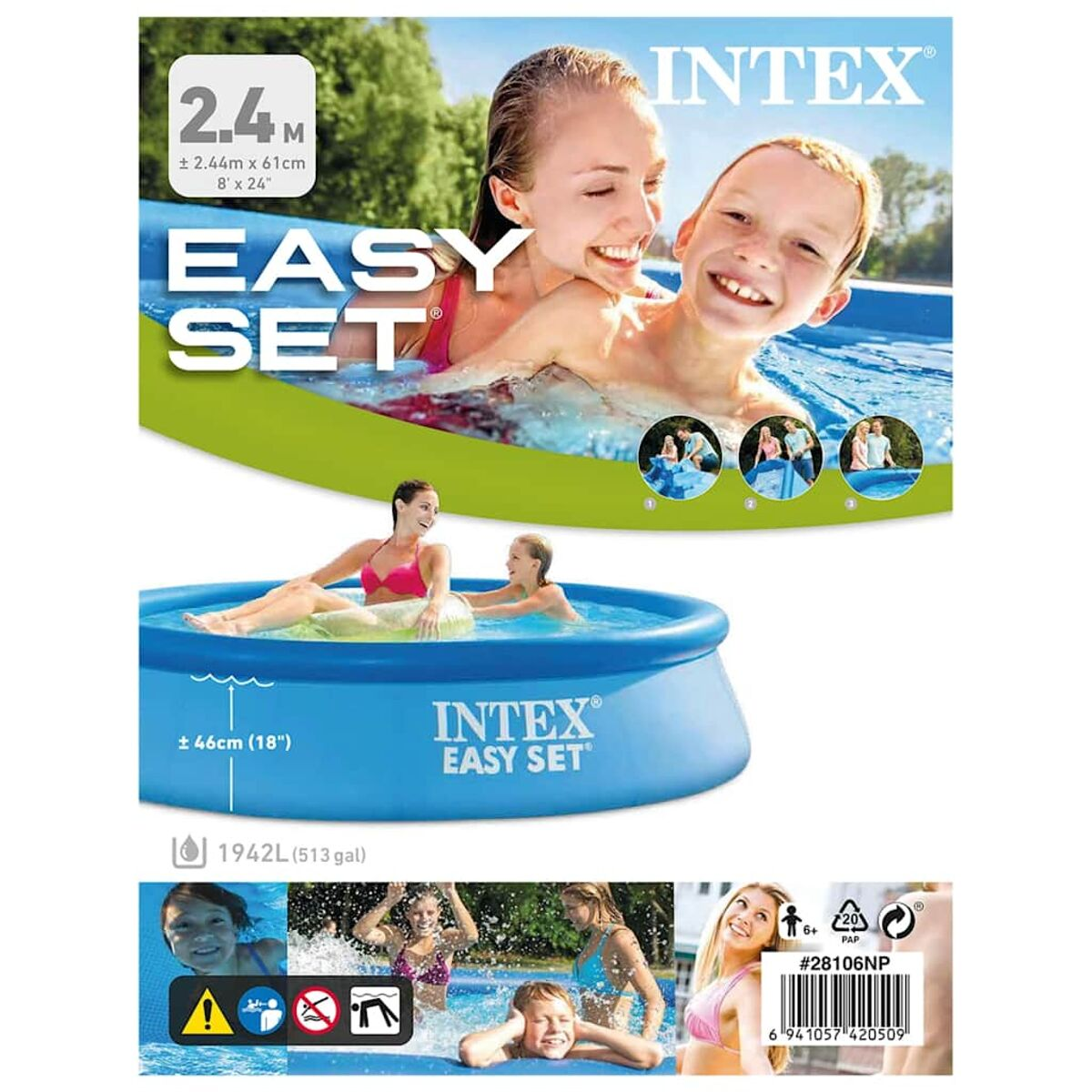 Verpackung eines aufblasbaren Schwimmbeckens mit Bildern von Personen im Pool und einer glücklichen Familie.