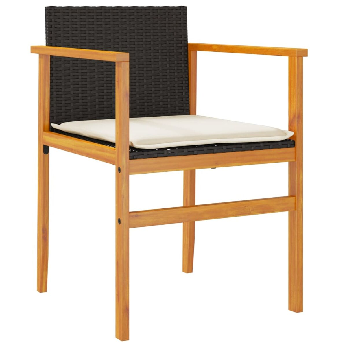 Holzstuhl mit gewebtem, schwarzem Sitz, Armlehnen und einem weißen Kissen.