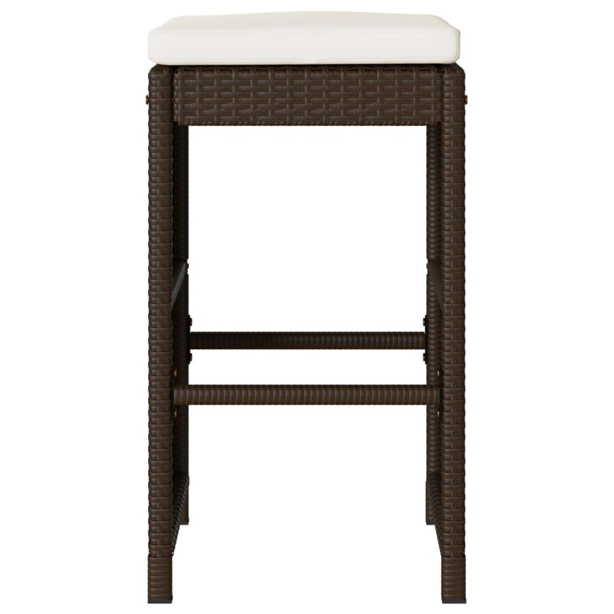 Uno sgabello da bar in vimini marrone con un cuscino bianco. Lo sgabello è visto frontalmente.