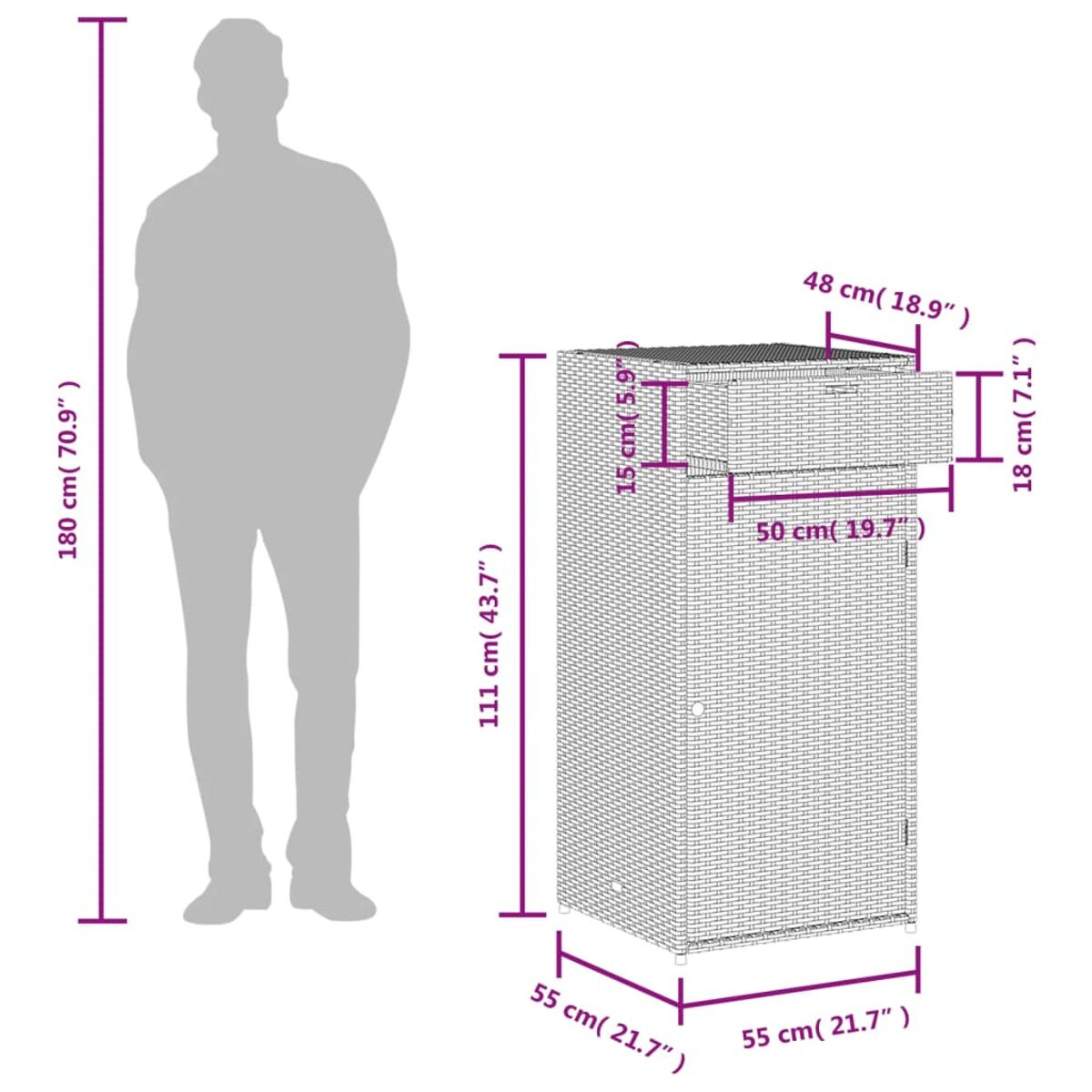 Eine menschliche Silhouette neben einem Schrank mit Abmessungen in cm: 55x55x111. Maße gezeigt.