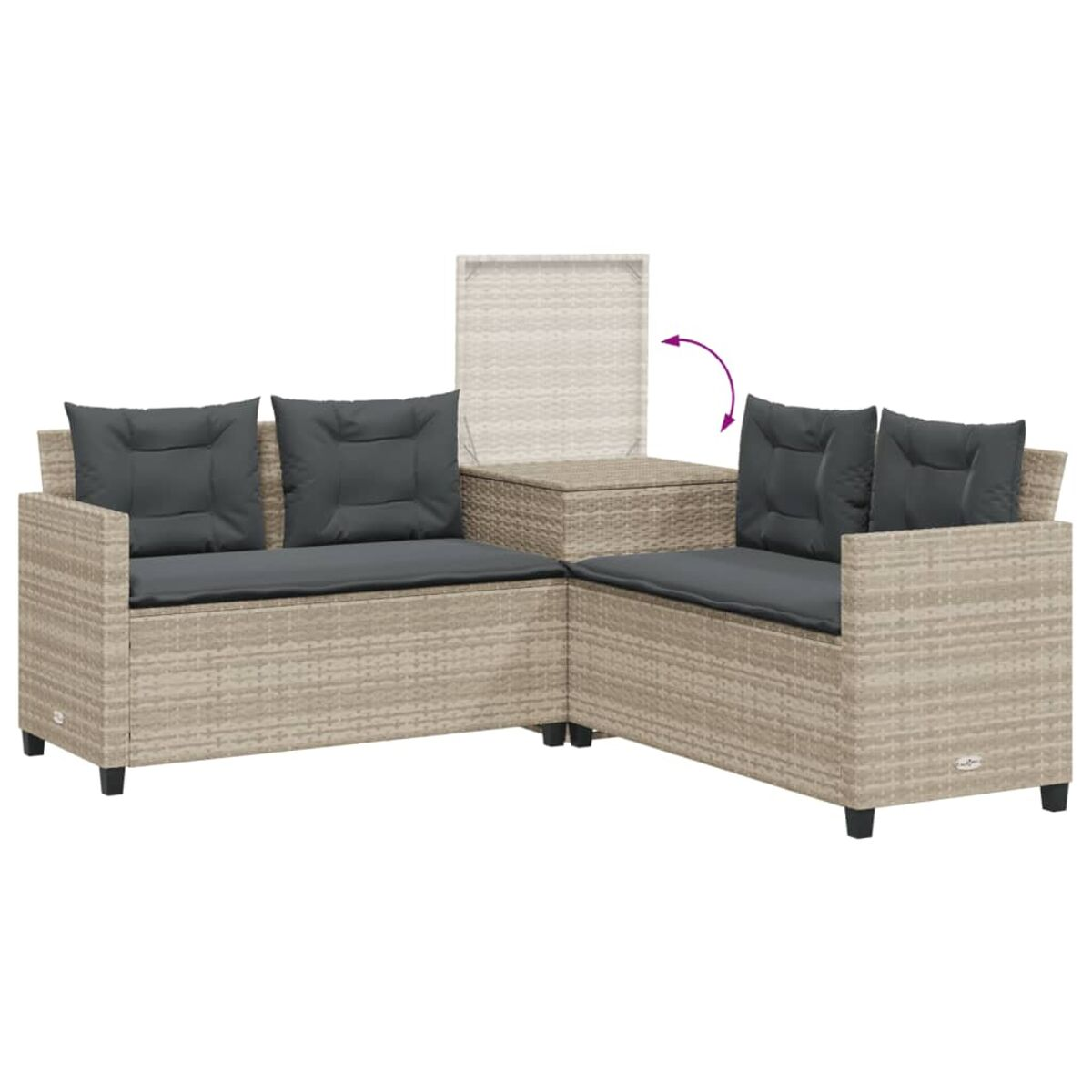 Un divano componibile in stile rattan marrone chiaro con cuscini e un vano contenitore.