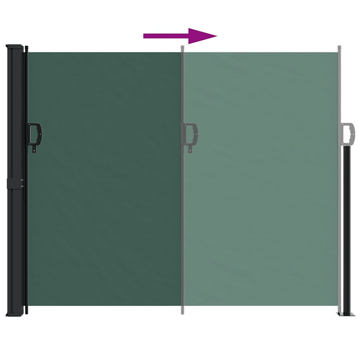 Grüner Outdoor-Sichtschutz. Das Bild zeigt, wie der Sichtschutz mit einem Pfeil herausgezogen wird.
