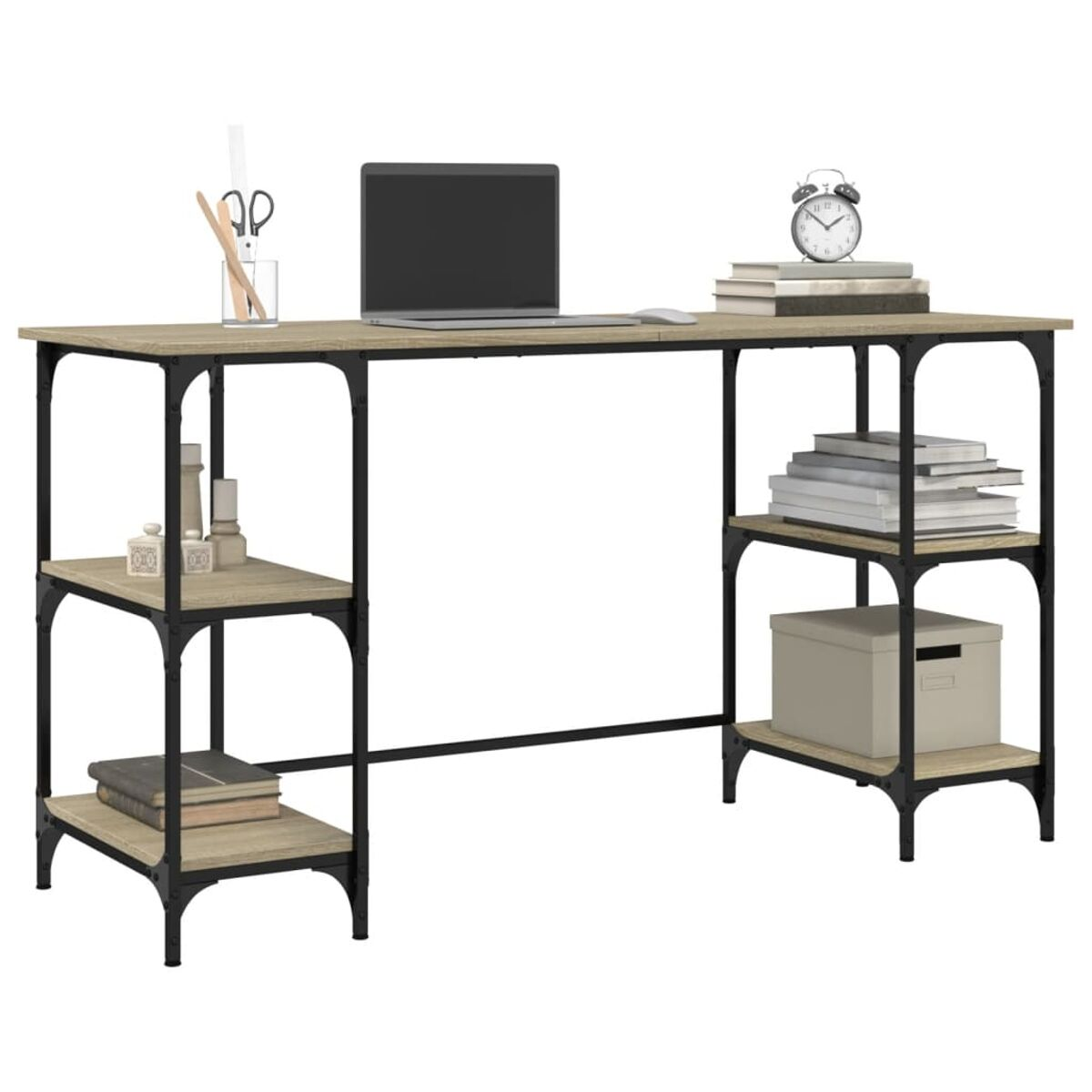Holzschreibtisch mit schwarzem Metallrahmen, Regalen und Laptop.