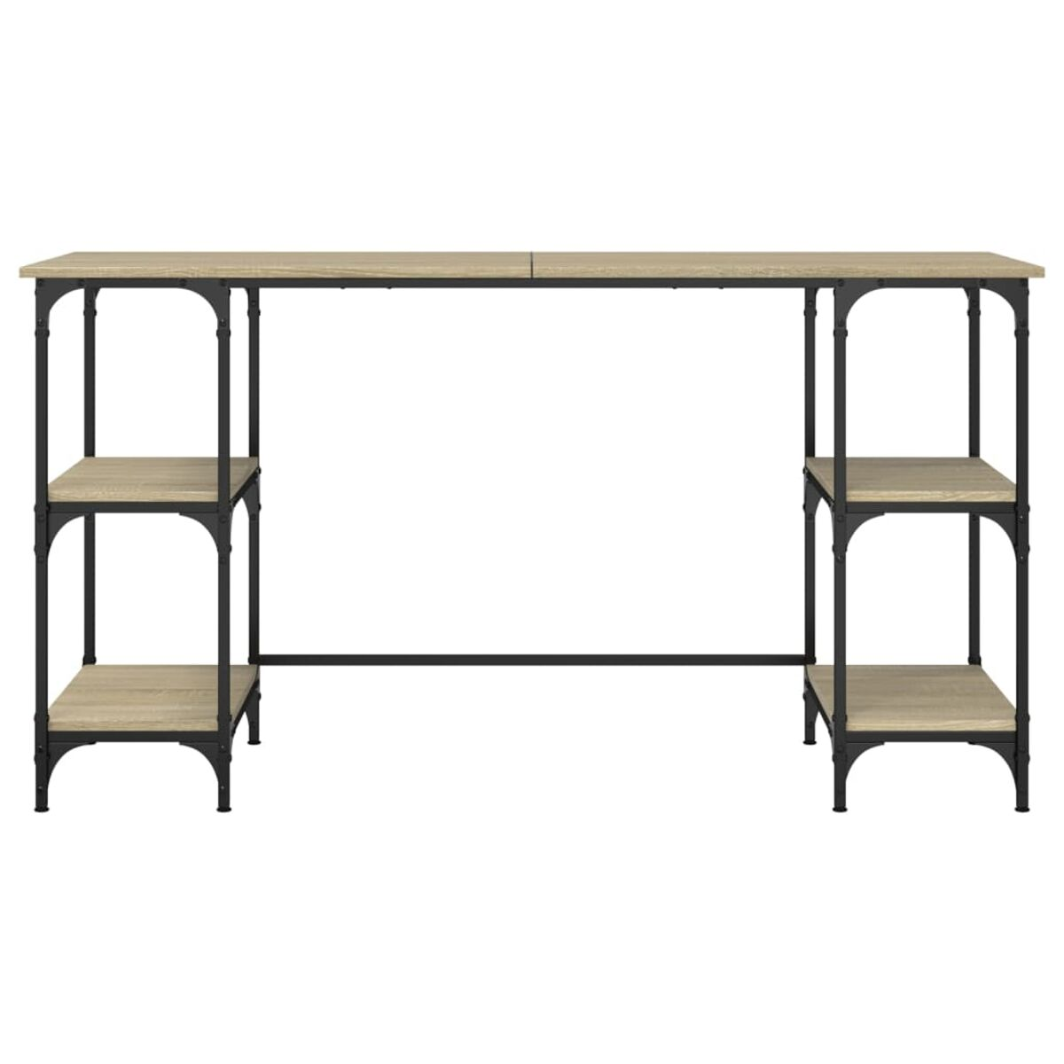 Holzschreibtisch mit zwei Regalen auf jeder Seite, schwarze Metallstützen. Freigestellt.