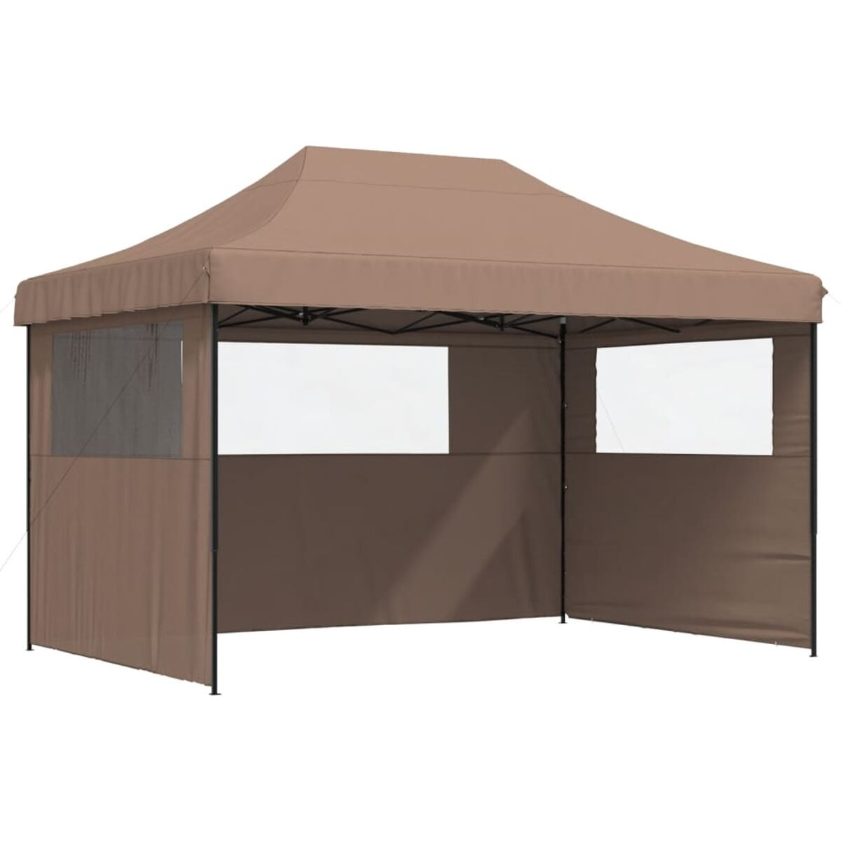 Ein brauner Pop-up-Pavillon mit Fenstern und einem beigen Dach.