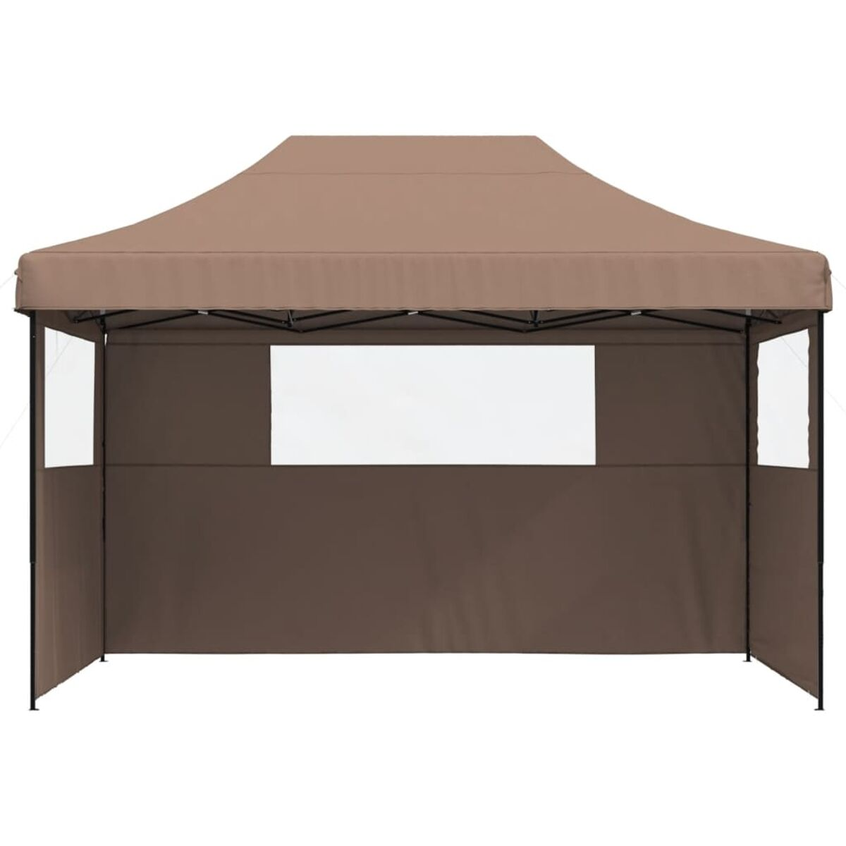 Brauner Pop-Up-Pavillon mit weißem Mittelteil und transparenten Fenstern.