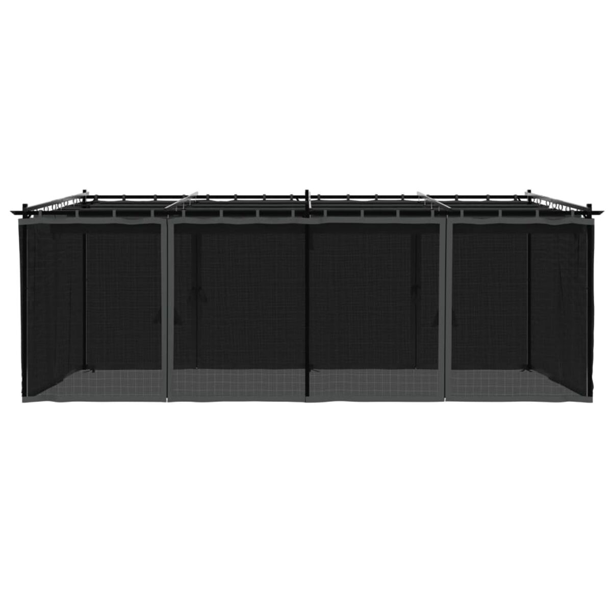Ein schwarzer Pavillon mit Mesh-Paneelen, einem oberen Rahmen und einem grauen Sockel.