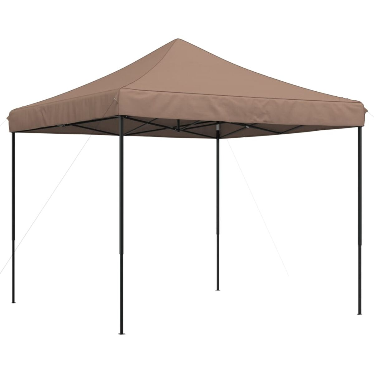 Ein brauner Pop-up-Pavillon mit schwarzem Rahmen und beigem Dach.