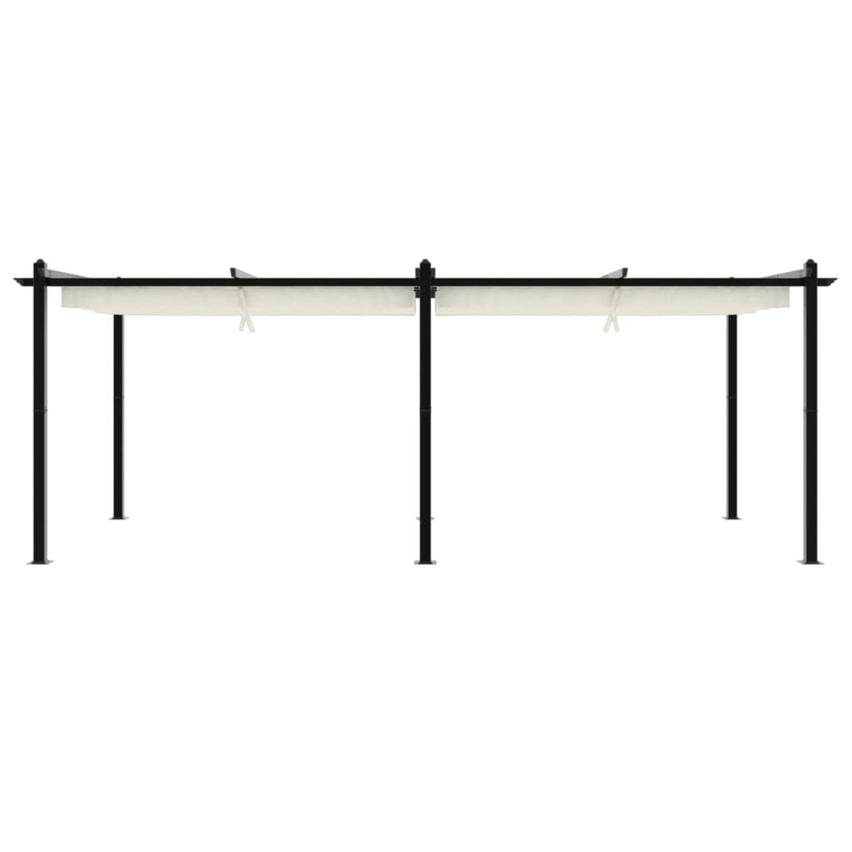 Pergola nera con tetto in tessuto bianco, quattro pilastri e sfondo bianco.