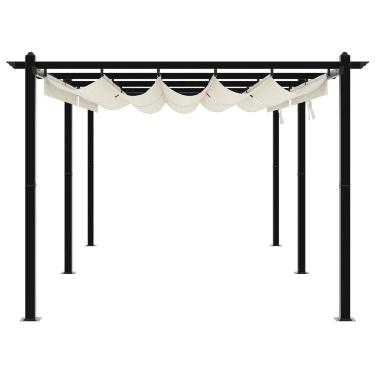 Pergola in metallo nero con tetto in tessuto bianco.