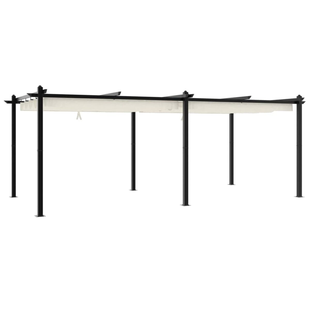 Pergola in metallo nero con tenda da sole bianca. Sfondo bianco.