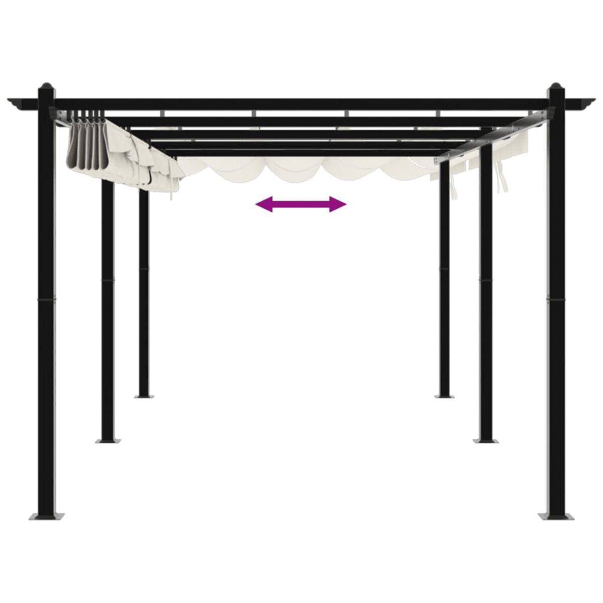 Pergola in metallo nero con tenda bianca e freccia che indica la larghezza. Isolato su bianco.