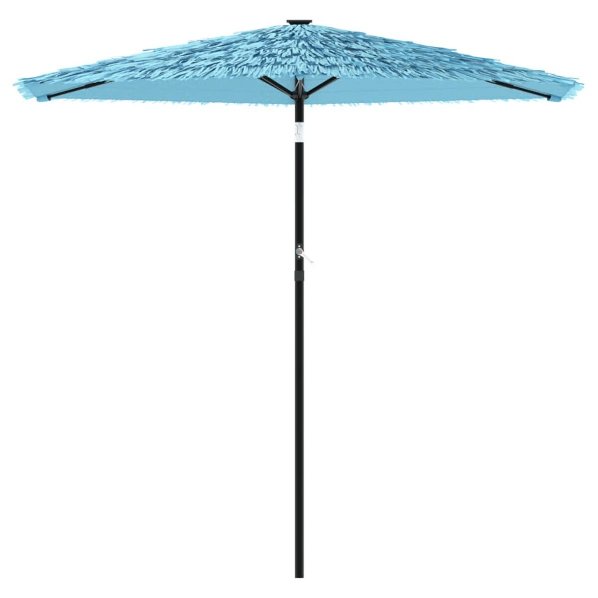 Un ombrello blu con frange e un palo nero su sfondo bianco.