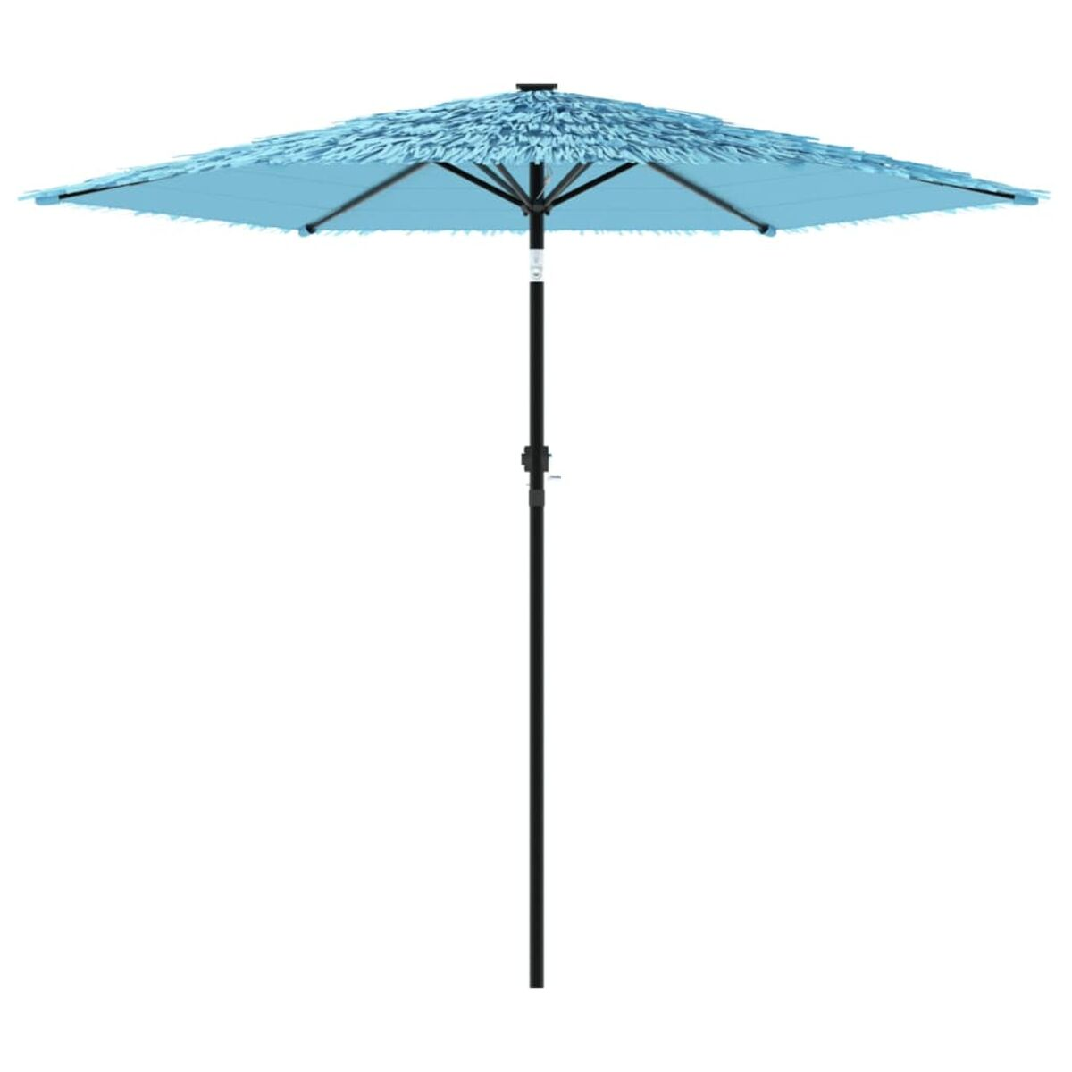 Un grande ombrello aperto, azzurro, con un palo nero, su sfondo bianco.