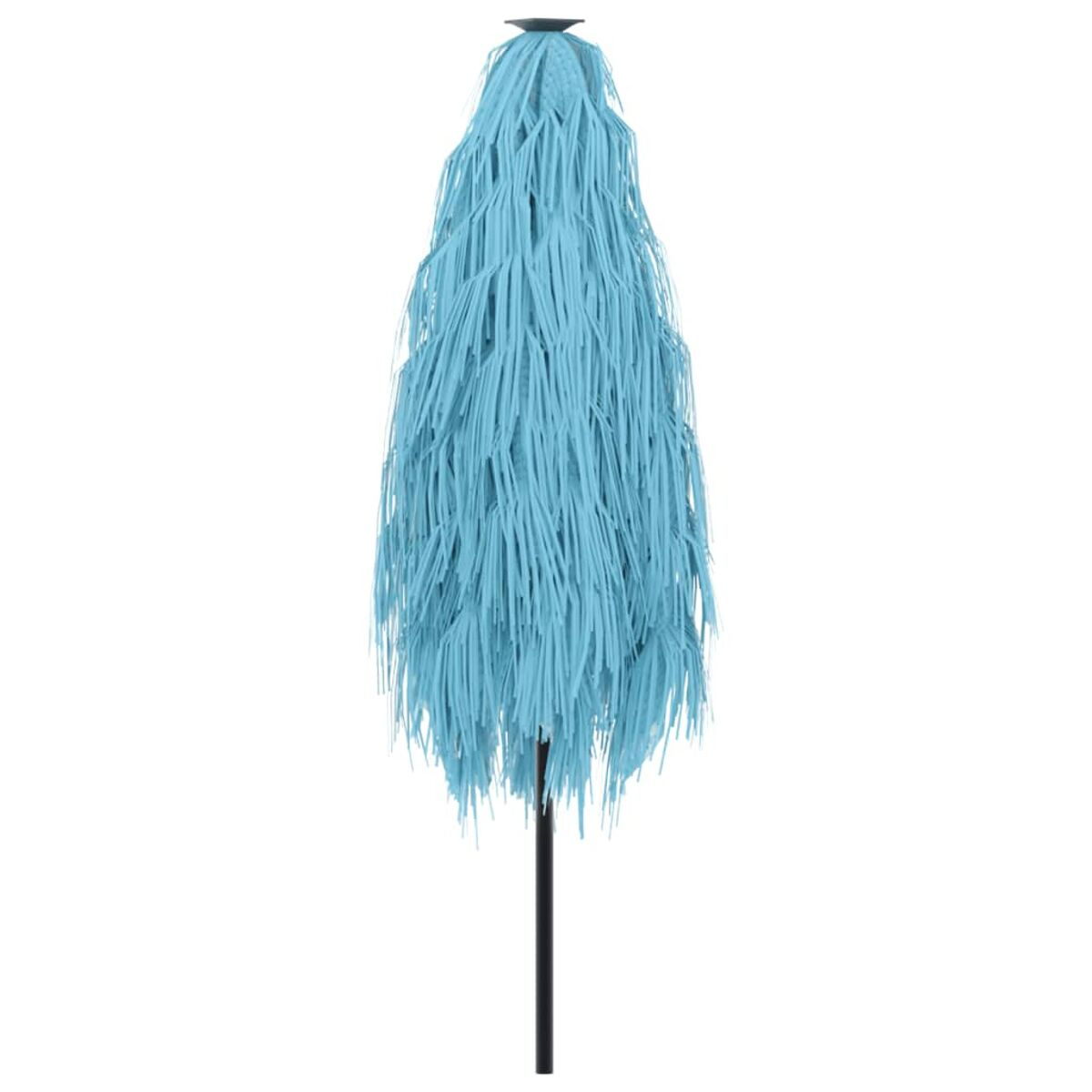 Un ombrello blu a frange, chiuso, su un palo nero.