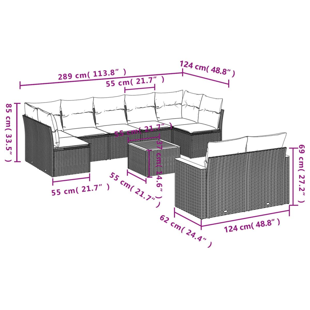 Ein Diagramm eines Outdoor-Sitzsets mit Abmessungen in Zentimetern und Zoll beschriftet.