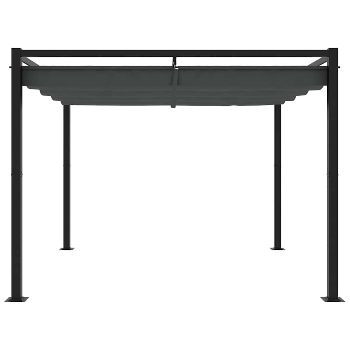 Pergola in metallo nero con tetto grigio scuro. Quattro gambe sostengono la struttura.