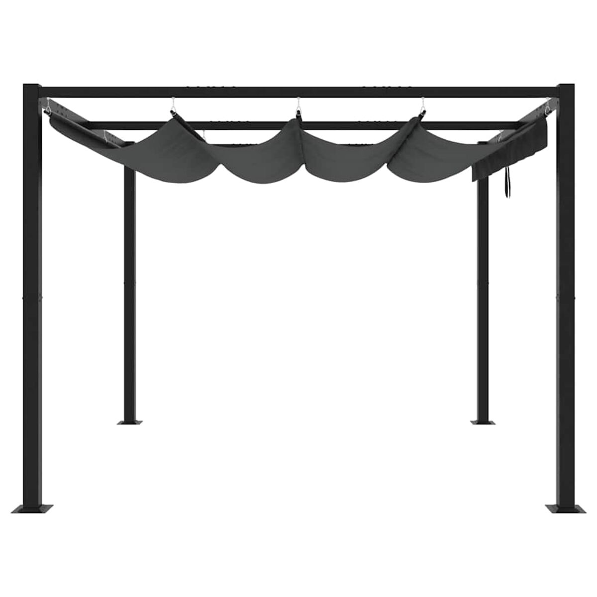 Una pergola nera con tende in tessuto grigio. Sfondo bianco.