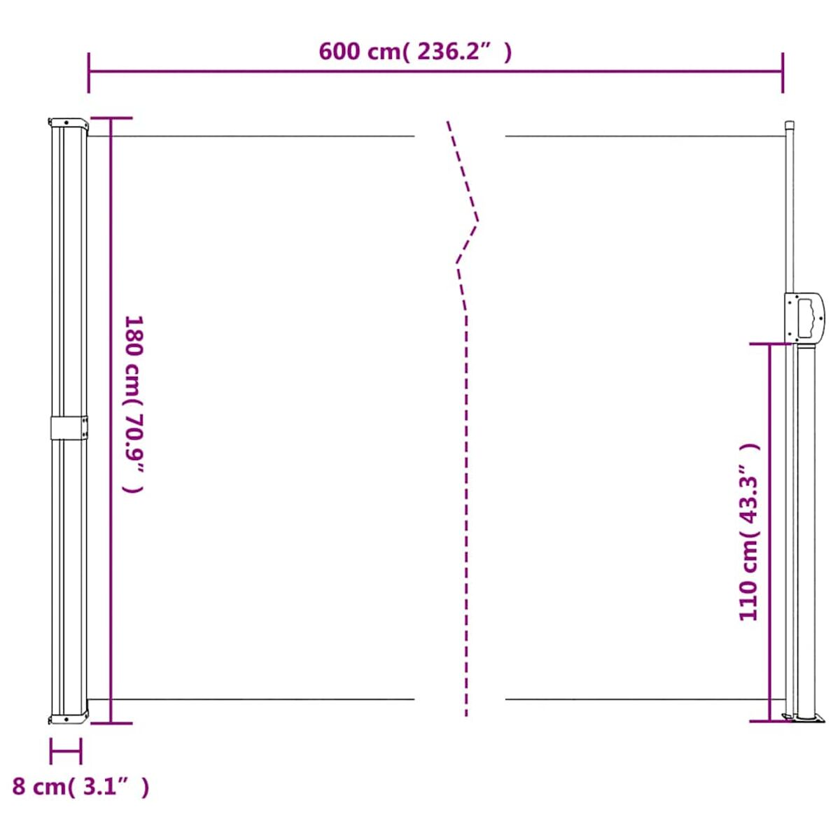 Einziehbarer Gartenzaun in Grau. Es ist eine lange, horizontale Barriere mit Abmessungen in cm.