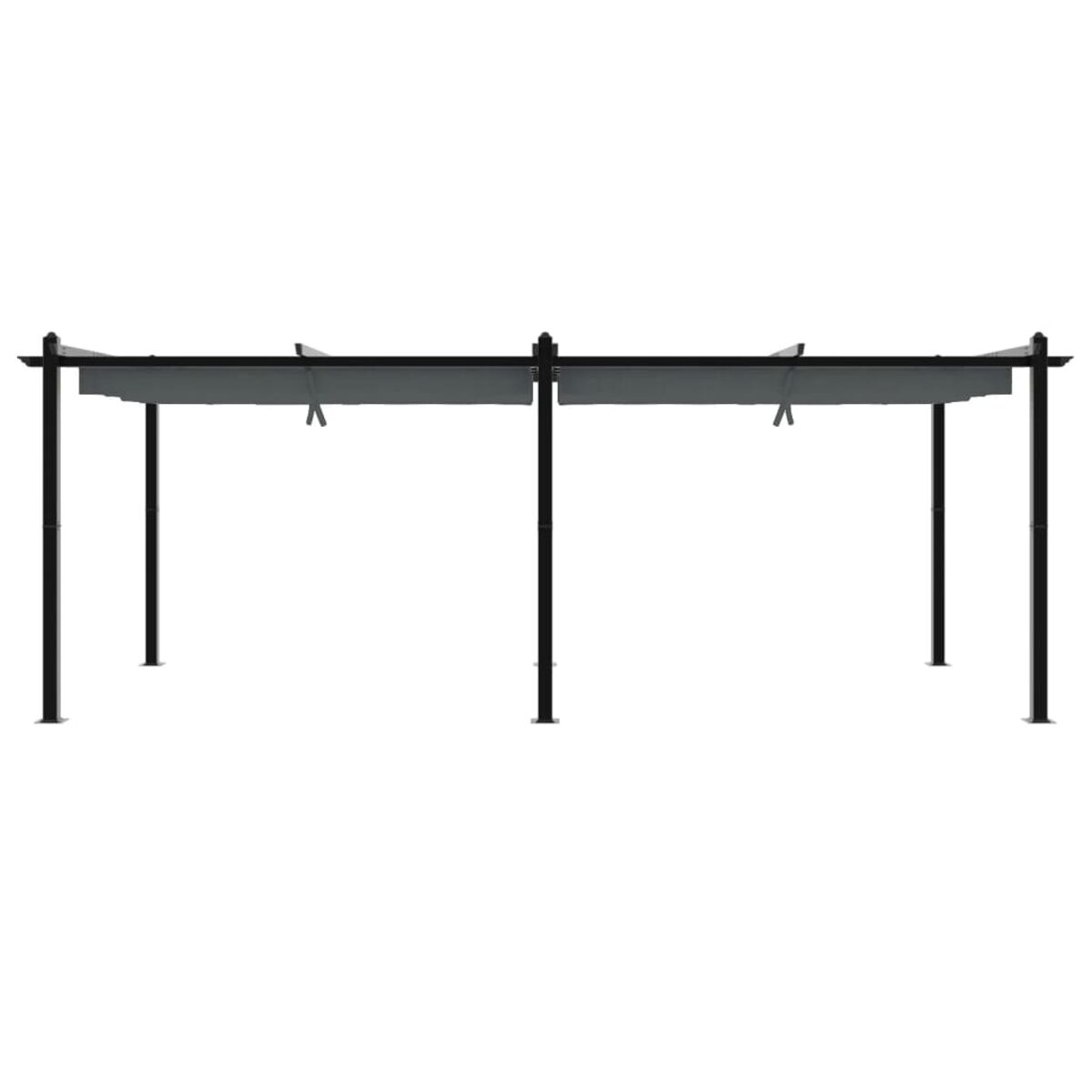 Pergola nera con tettoia grigia. La struttura è isolata su sfondo bianco.