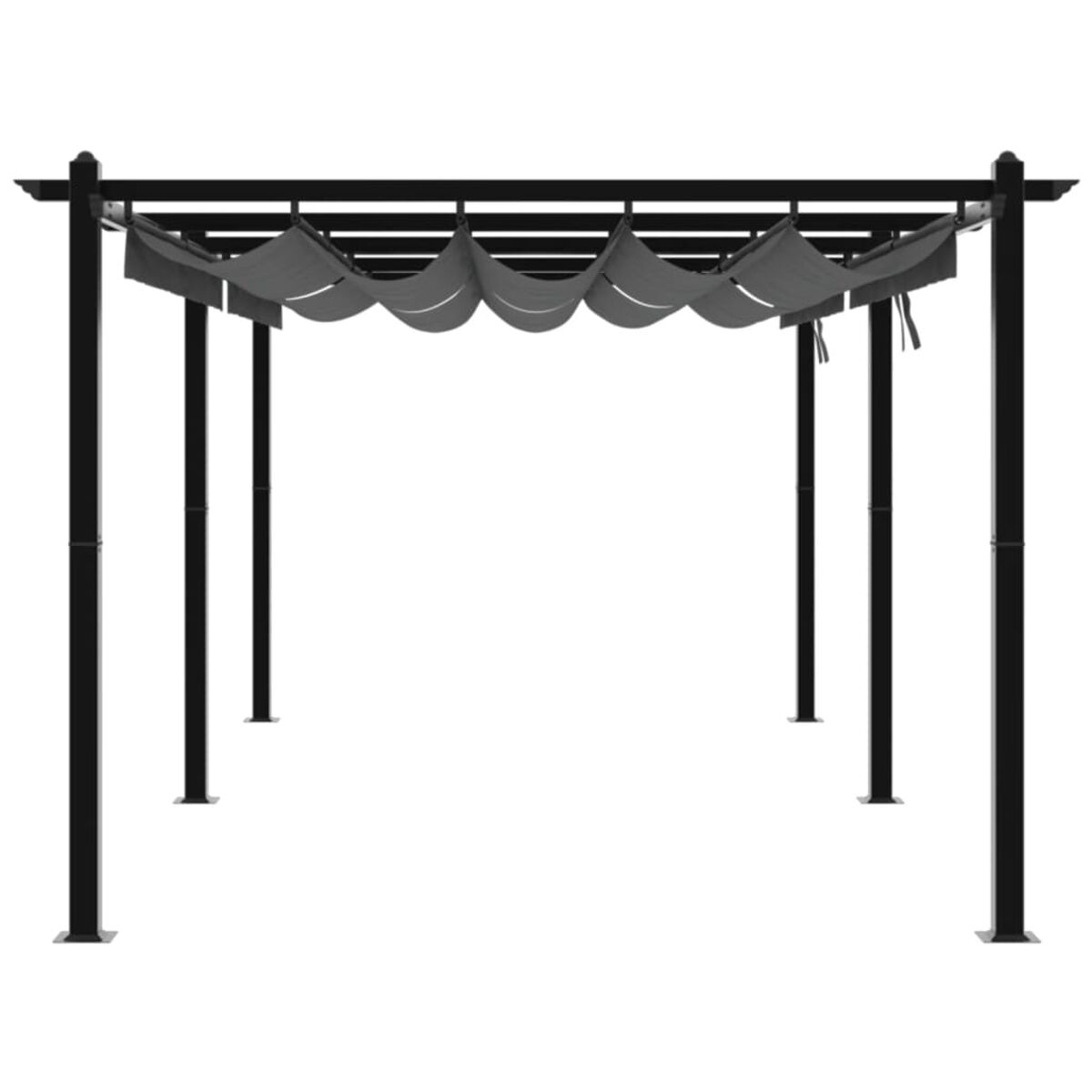Pergola in metallo nero con copertura ombreggiante in tessuto grigio. Sfondo bianco. Design semplice e moderno.