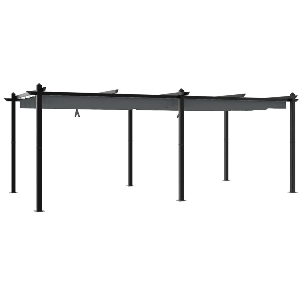 Una struttura per pergola esterna con dimensioni, in metallo nero.