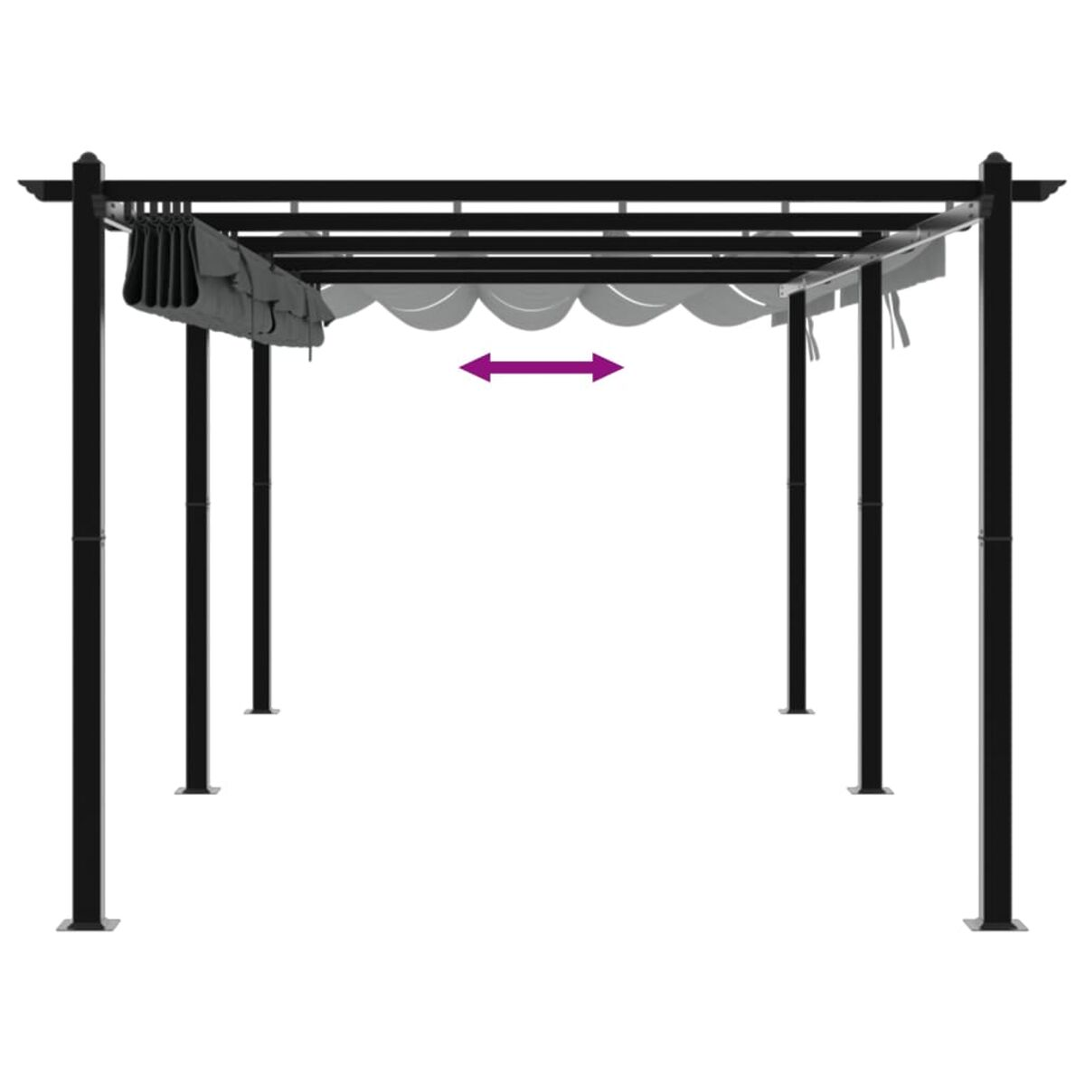 Pergola nera con tetto retrattile. L'immagine mostra la tenda da sole che si estende e si ritrae con una freccia.