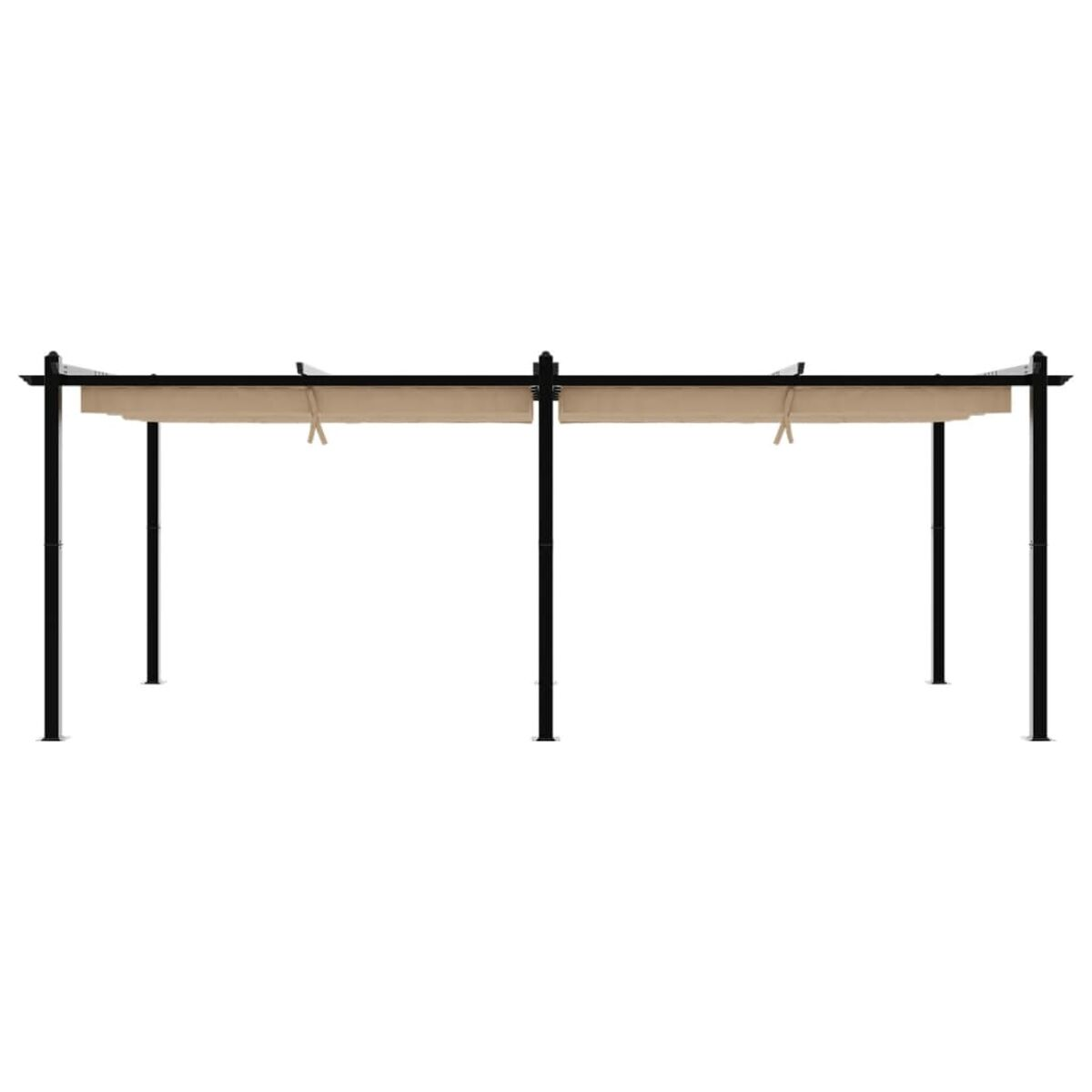Pergola nera con copertura in tessuto beige. Supporti neri verticali. Sfondo bianco.