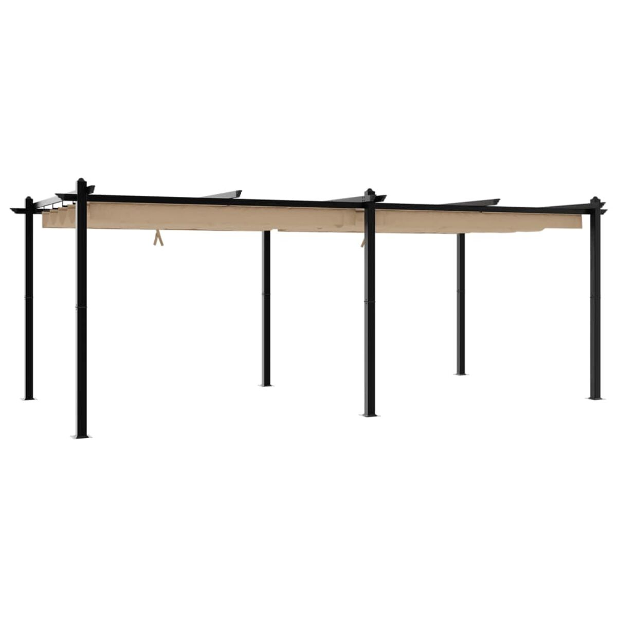 Pergola nera con tenda da sole beige; pali di supporto neri. Sfondo bianco.