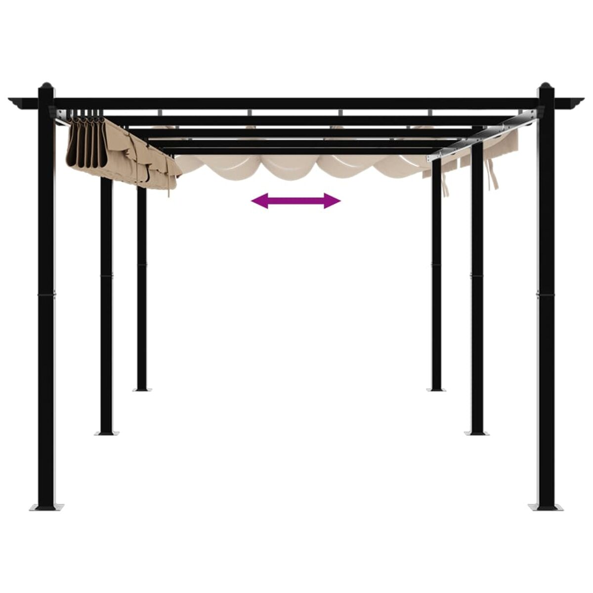 Pergola in metallo nero con tenda da sole bianca. La freccia mostra la direzione della larghezza e le gambe nere sono visibili.