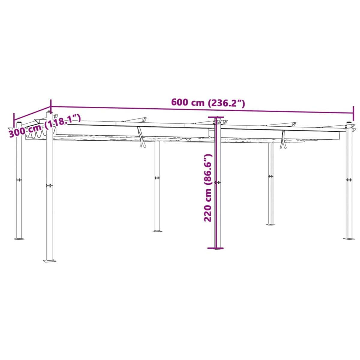 Pergola con misure, telaio e tenda bianchi. Tenda grigia. Sfondo bianco.