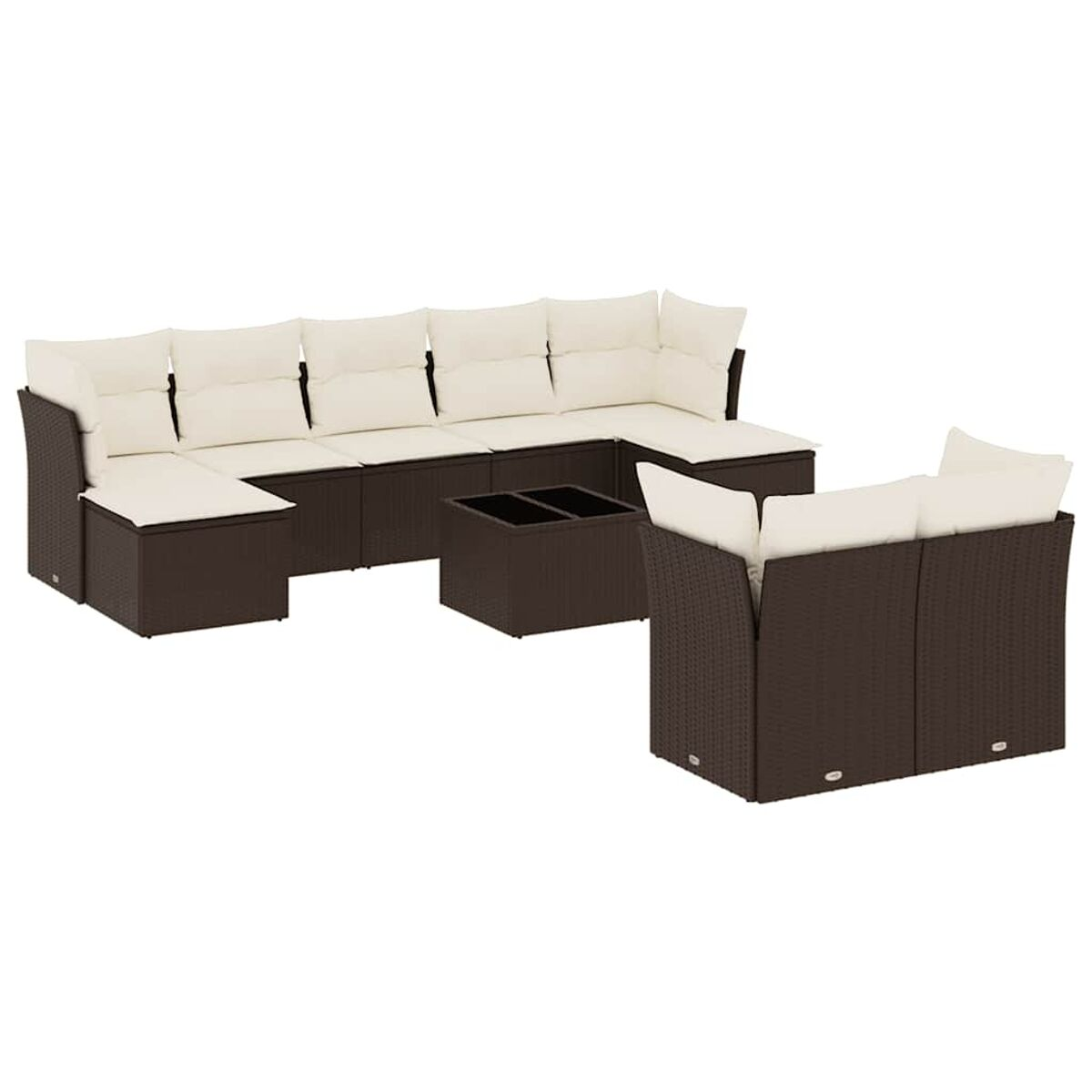 Angolare in vimini marrone scuro con cuscini color crema, tavolo marrone.