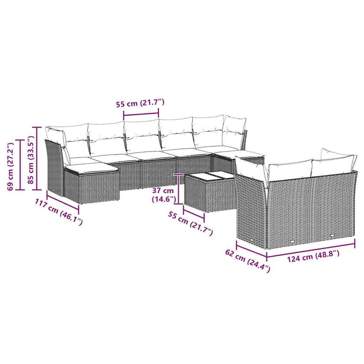 Großes Outdoor-Möbelset, Abmessungen angegeben. Korbgeflecht-Material, neutrale Farbe.