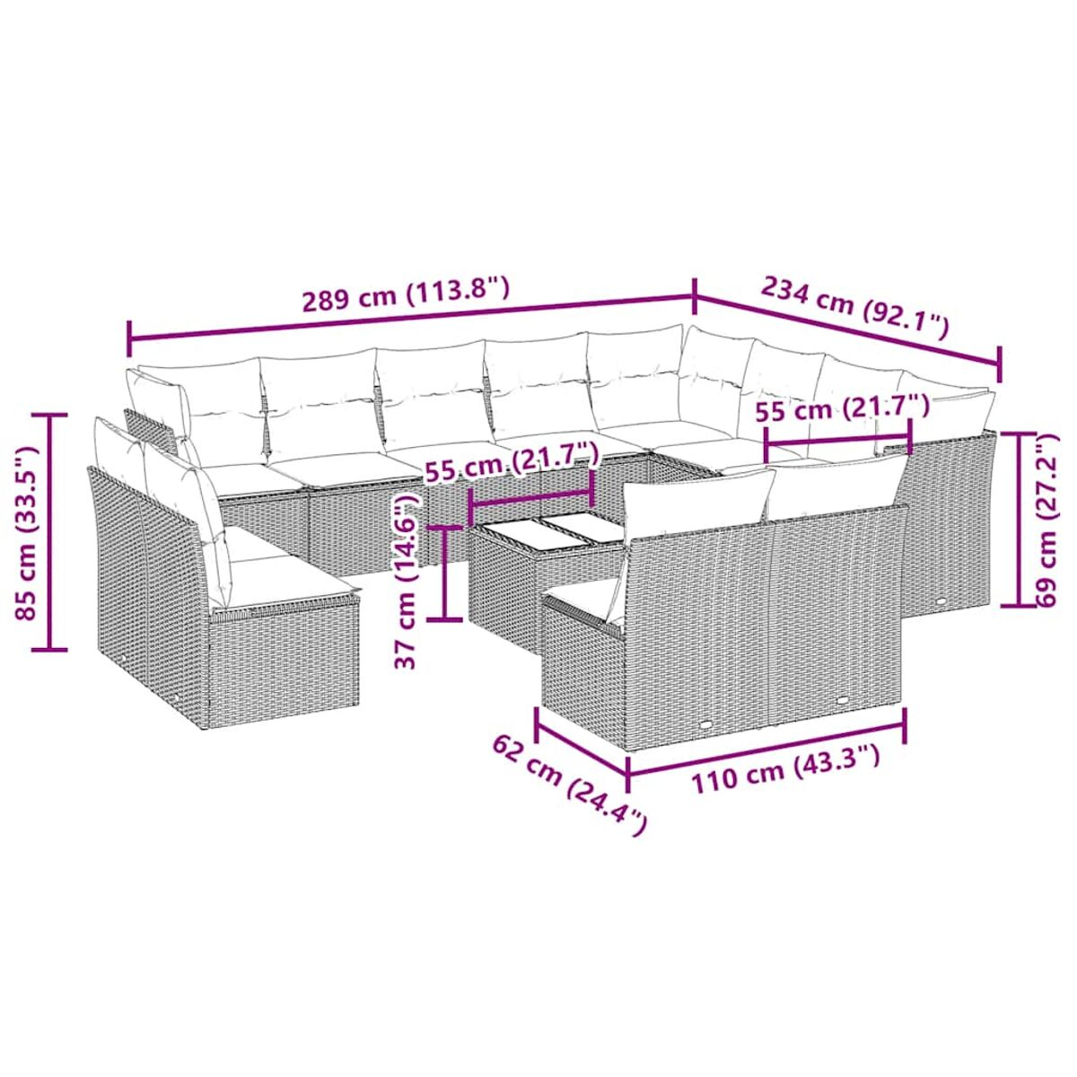 Diagramm eines Outdoor-Ecksofas aus Rattan. Abmessungen in cm und Zoll.