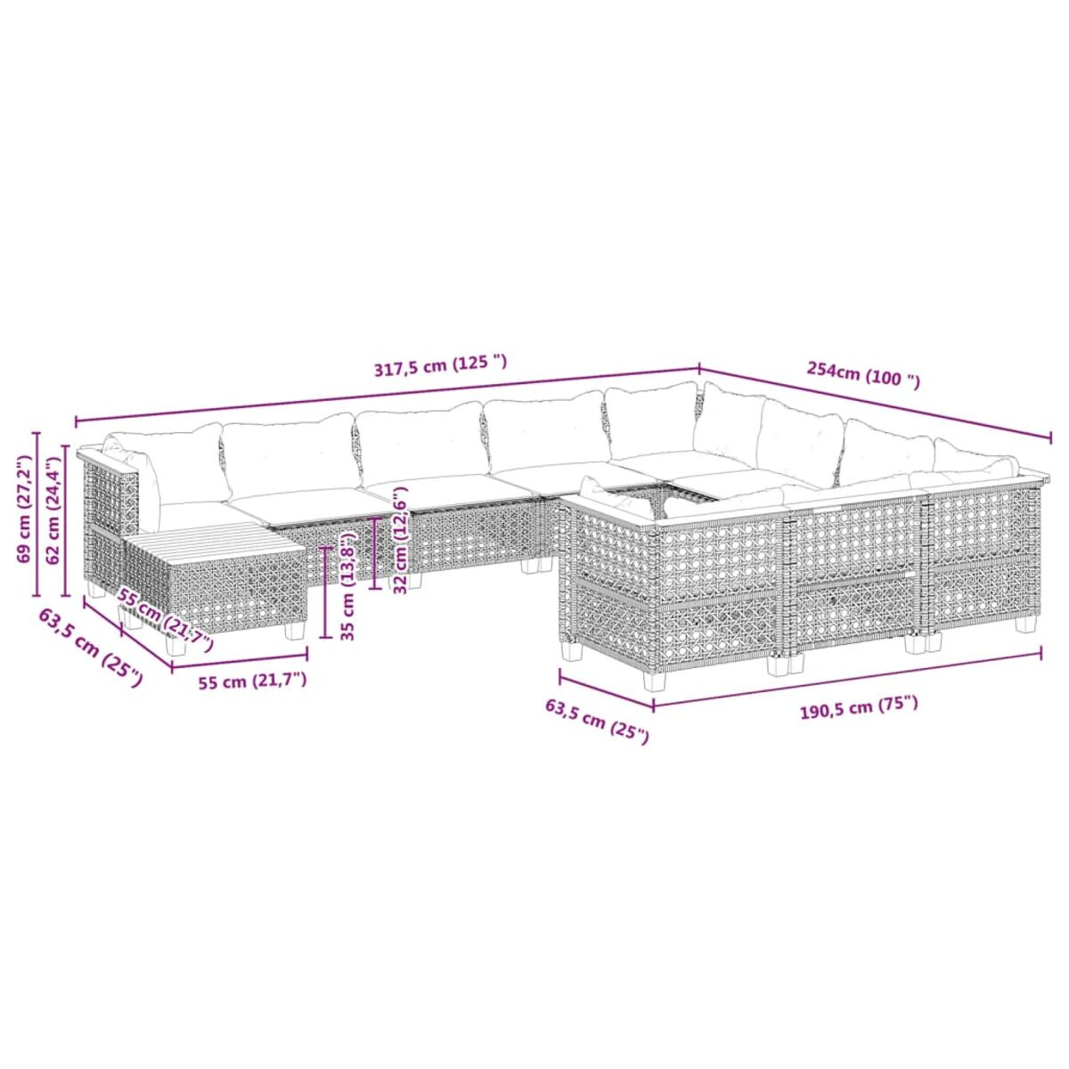 Großes L-förmiges Korbmöbel-Sofa mit cremefarbenen Kissen auf einer Terrasse. Maße in cm und Zoll beschriftet.