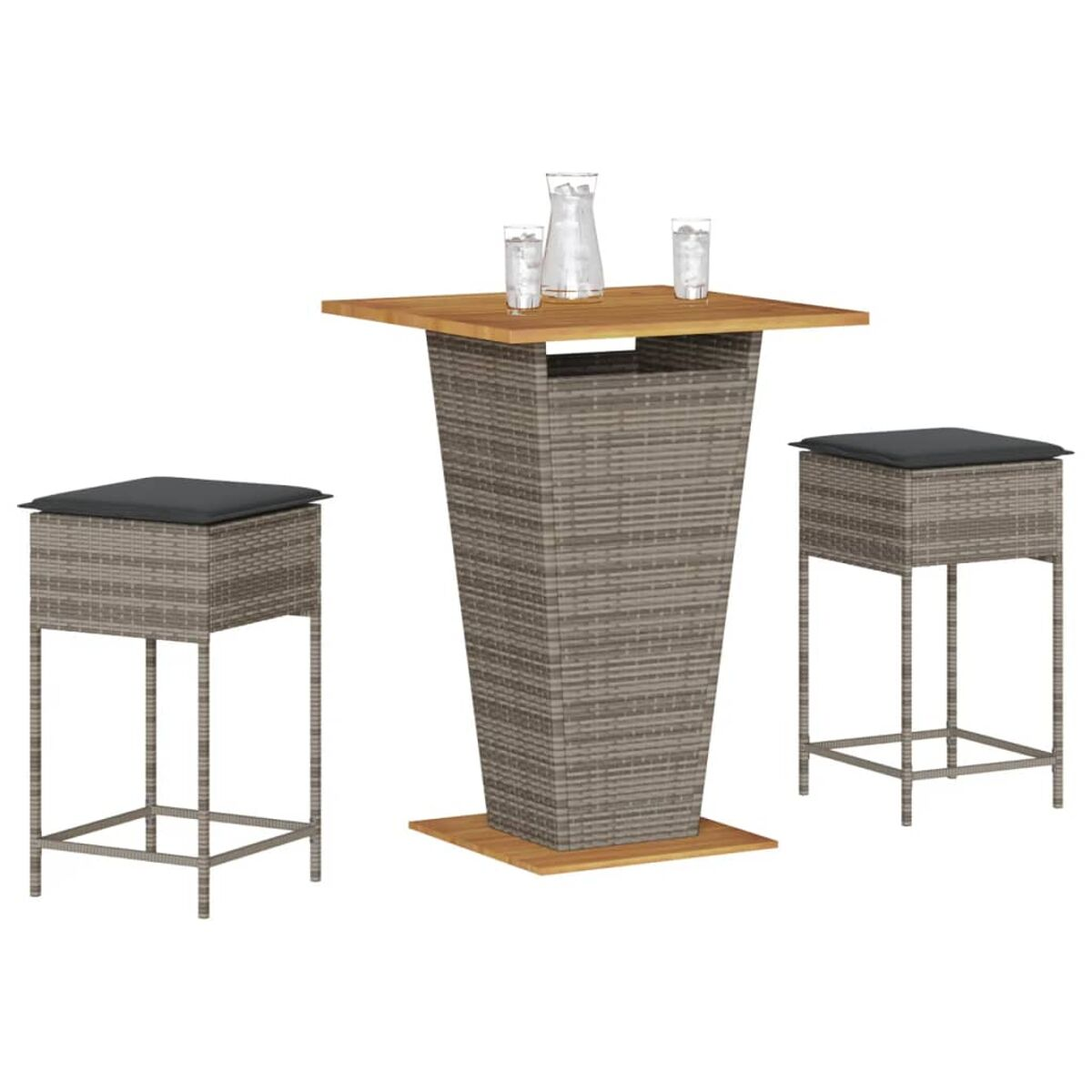 Tavolo da bar con due sgabelli. Tavolo con piano in legno e base intrecciata grigia. Sgabelli con sedute nere.