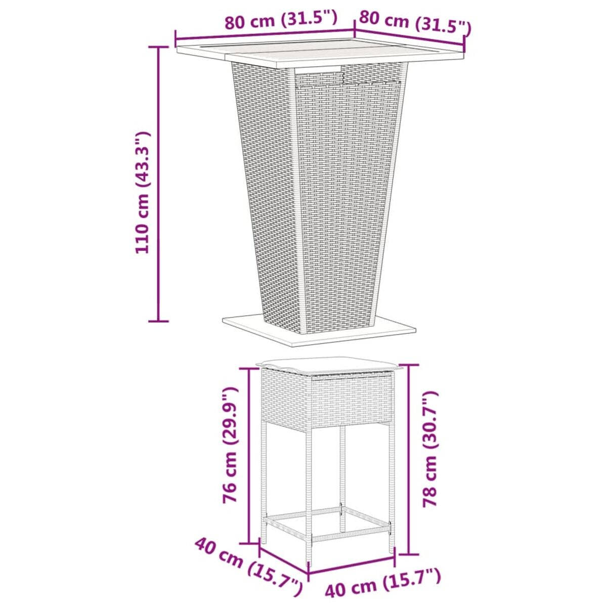 Set tavolo bar alto e sgabelli, con dimensioni mostrate.