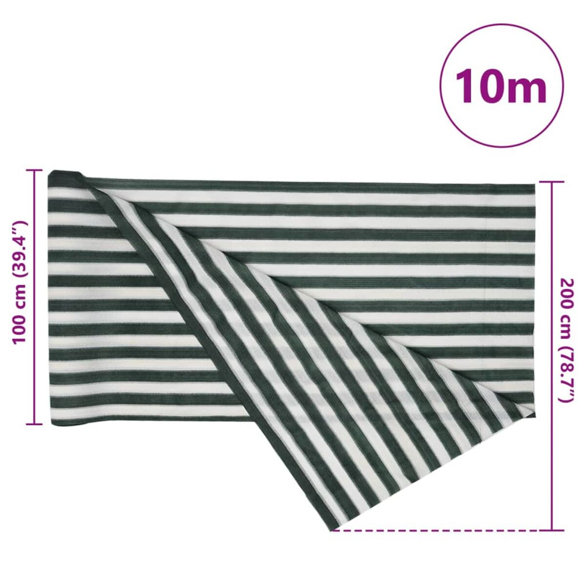 Eine grün-weiß gestreifte Outdoor-Leinwand mit Maßen und einem 10m-Kreis-Etikett in der Ecke.
