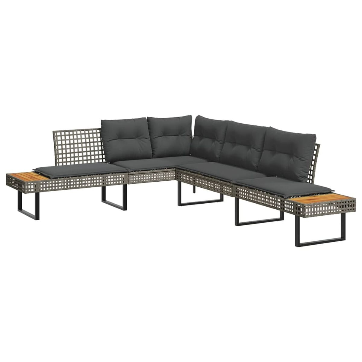 Set da patio a L con cuscini grigi e accenti in legno. Design moderno e geometrico.
