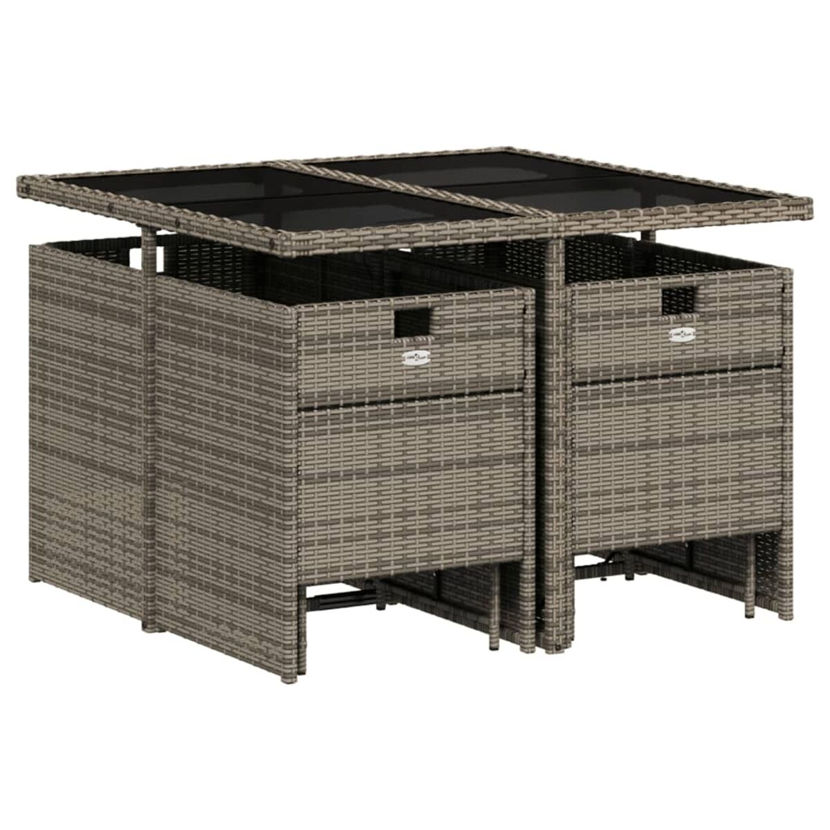 Set da pranzo da esterno in rattan grigio con piano in vetro nero e due vani portaoggetti sottostanti.