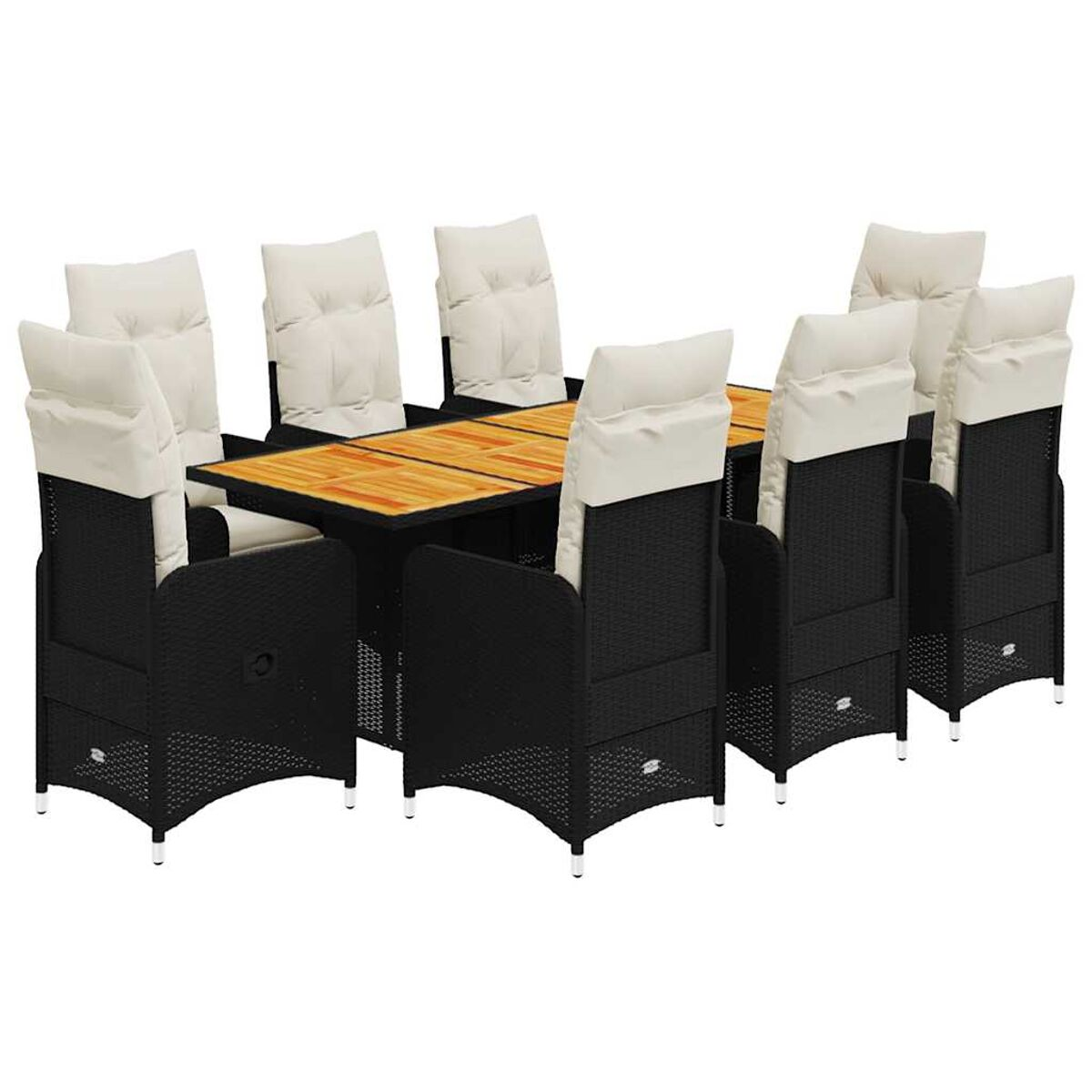Set da pranzo per esterni con otto sedie e un tavolo rettangolare con piano in legno.