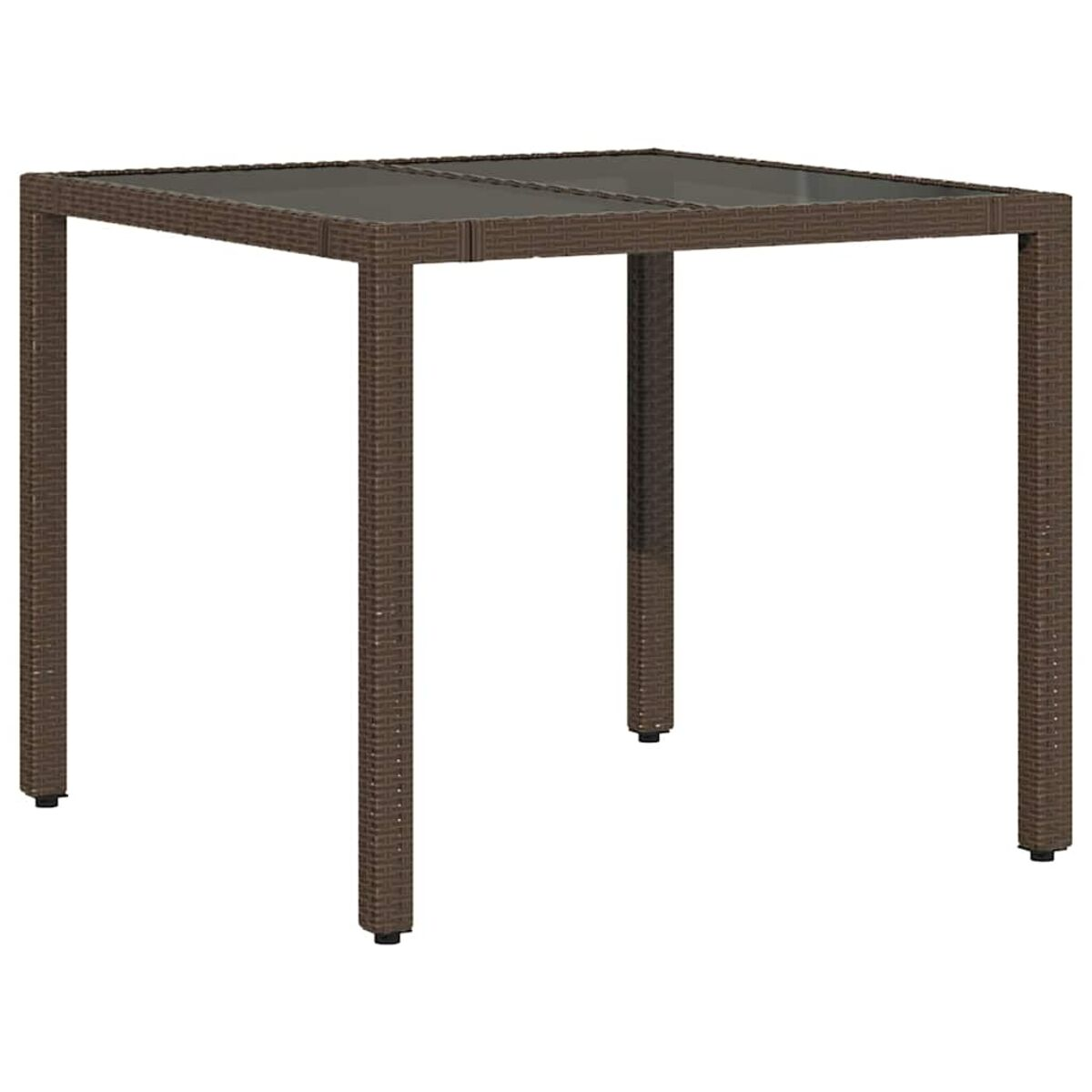Tavolo quadrato marrone con piano in vetro e struttura intrecciata.